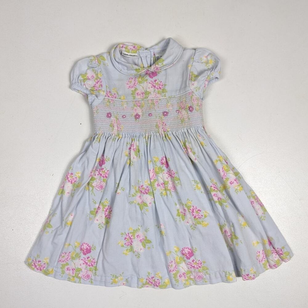 Vtg 90s Laura Ashley Dress Girls Sz 18m Blue Floral Smocked Cottagecore